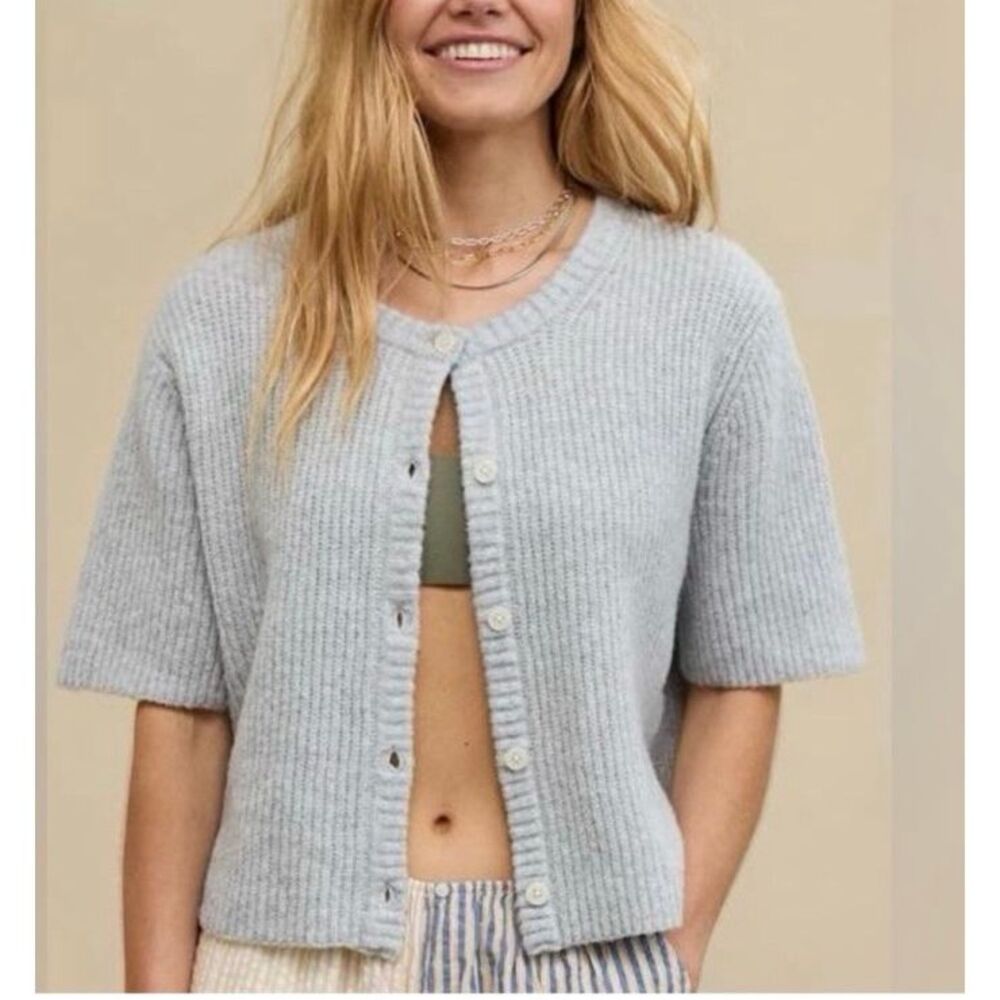 Aerie UnREAL Gray Short Sleeve Button Cardigan Sweater size Medium